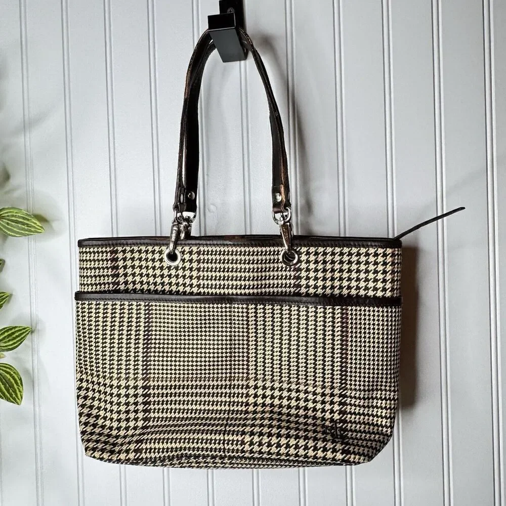 Vintage Ralph Lauren Houndstooth Tan Brown Leather Tote Shoulder Bag RLL Y2K